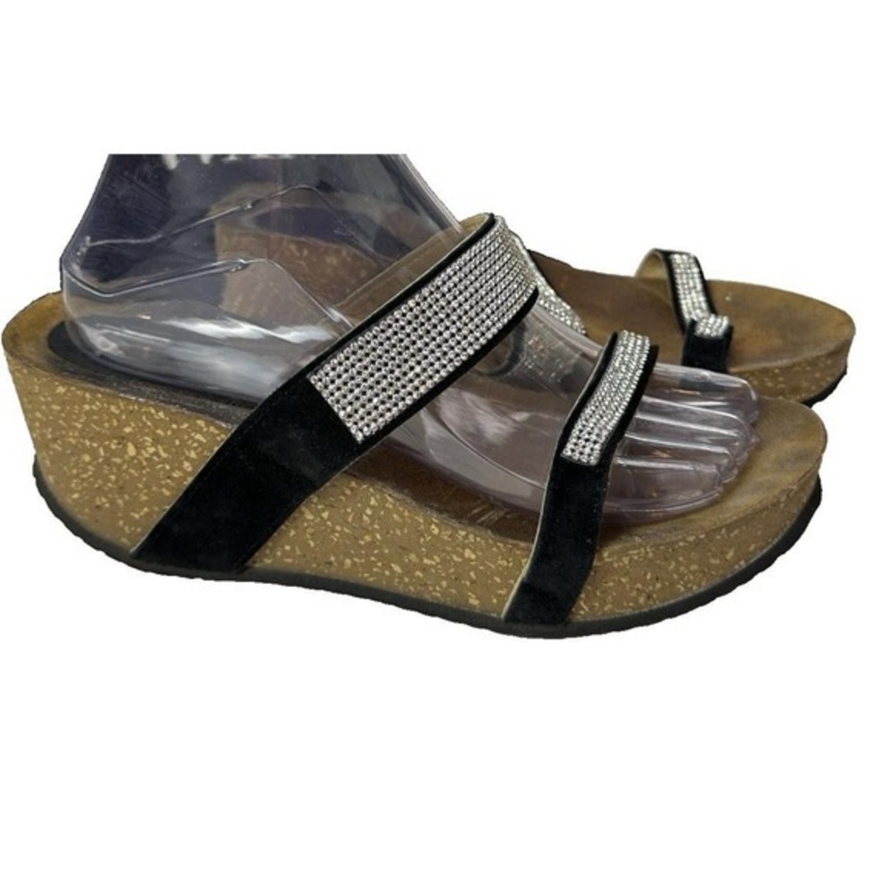 Vintage Andrew Stevens CORK Wedge PLATFORM Sandals Black rhinestones Sz 10‎ KC